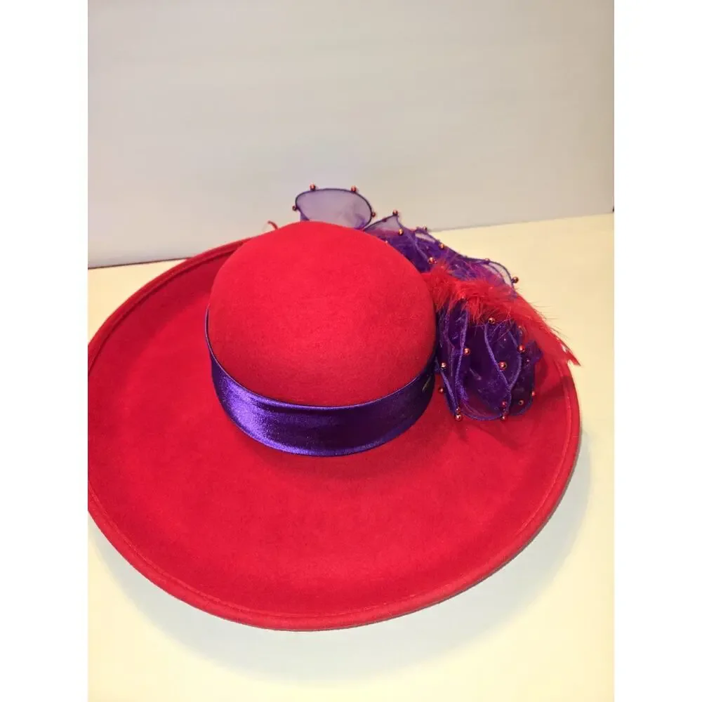 Red Hat Society Fancy Wool Hat with Handmade Designed Purple Trim and Feathers